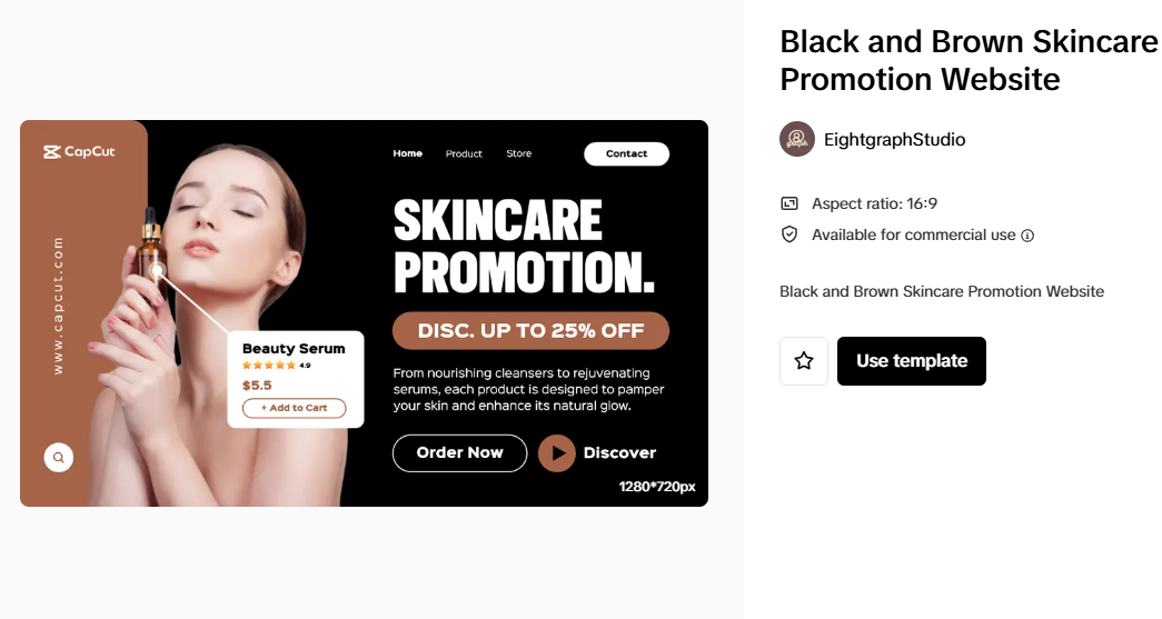 Black and brown skincare promotion website template showcasing a beauty serum discount offer and eCommerce purchase options.